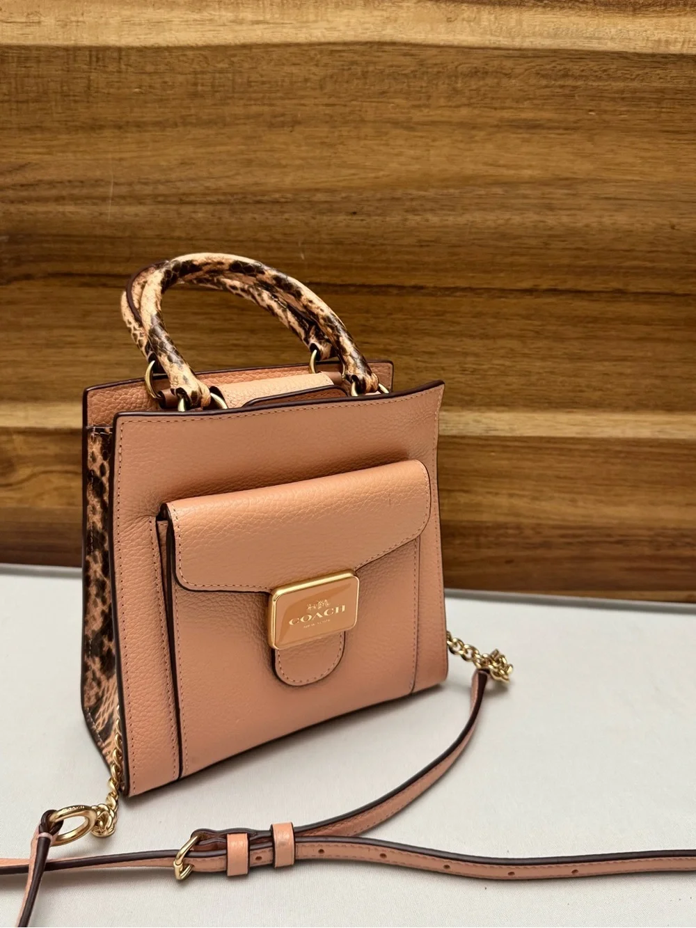 Coach Peach Pebbled Leather Satchel with Leopard-Print Trim